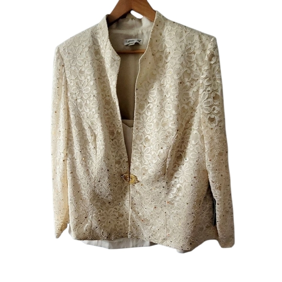 Coldwater Creek Sequined Elegant Cream Lace Jacket and Pants Suit Set 22W Vtg - Picture 2 of 11